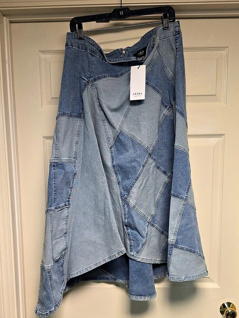 AKIRA Distressed Tiered Asymmetric Midi Skirt Blue